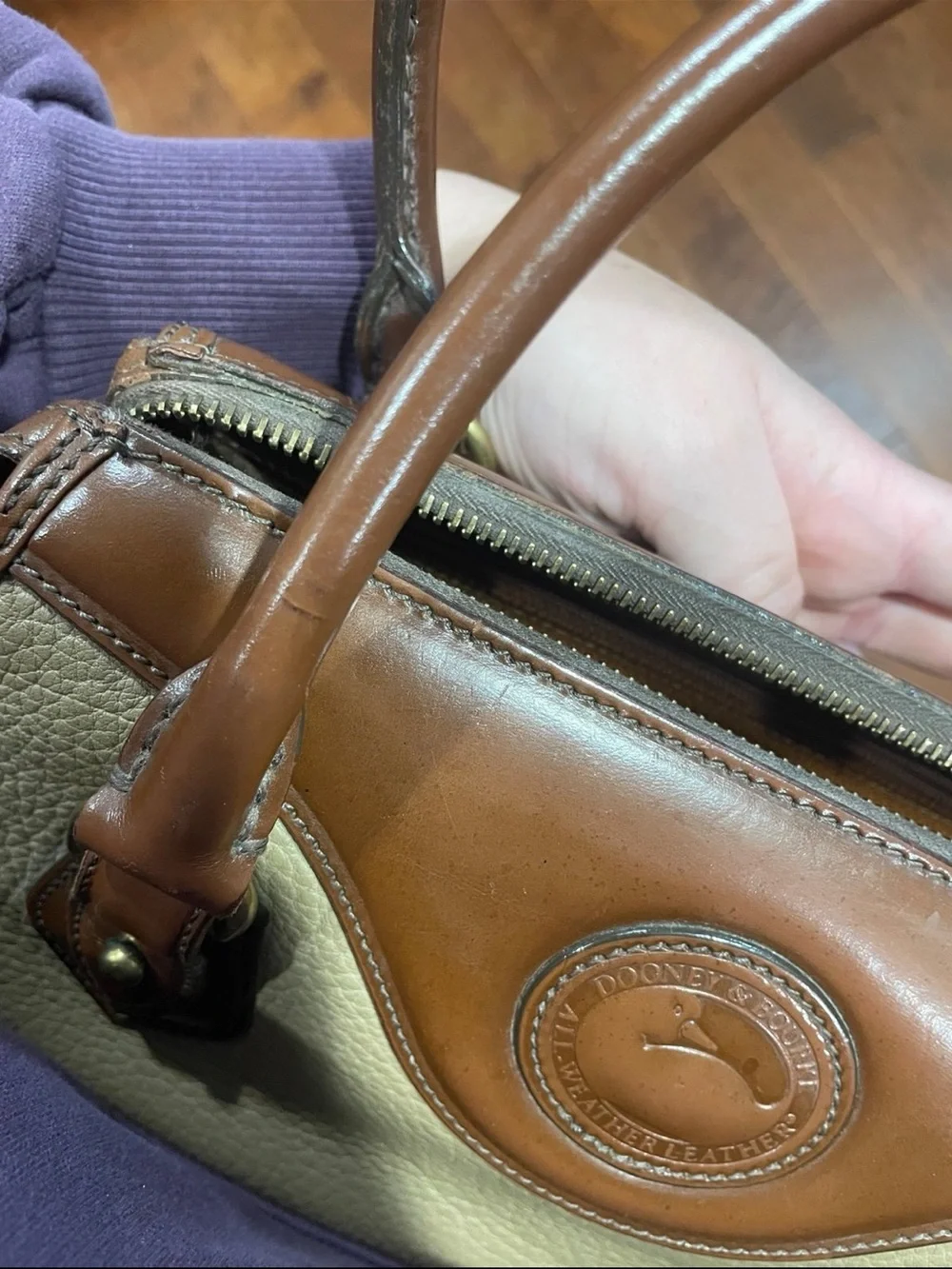 Dooney & Bourke Beige and Brown Leather Trim Cassini Satchel